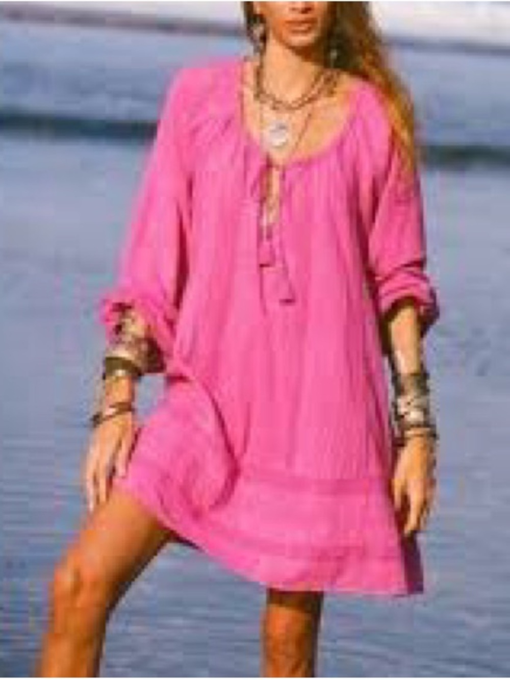 Tommy Bahama Hot Pink Tassel Peasant Tunic Dress With Pockets Size Large